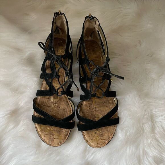 Sam Edelman leather suede lace up straps wedge sandals back zipper size 9.5 - Picture 2 of 9